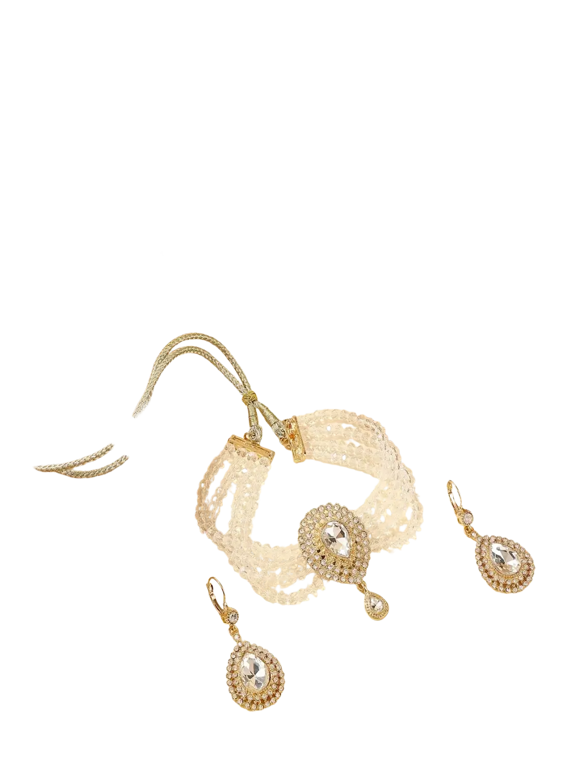 Elegant white lace choker necklace with central oval crystal pendant and gold tone embellishments for bridal wear