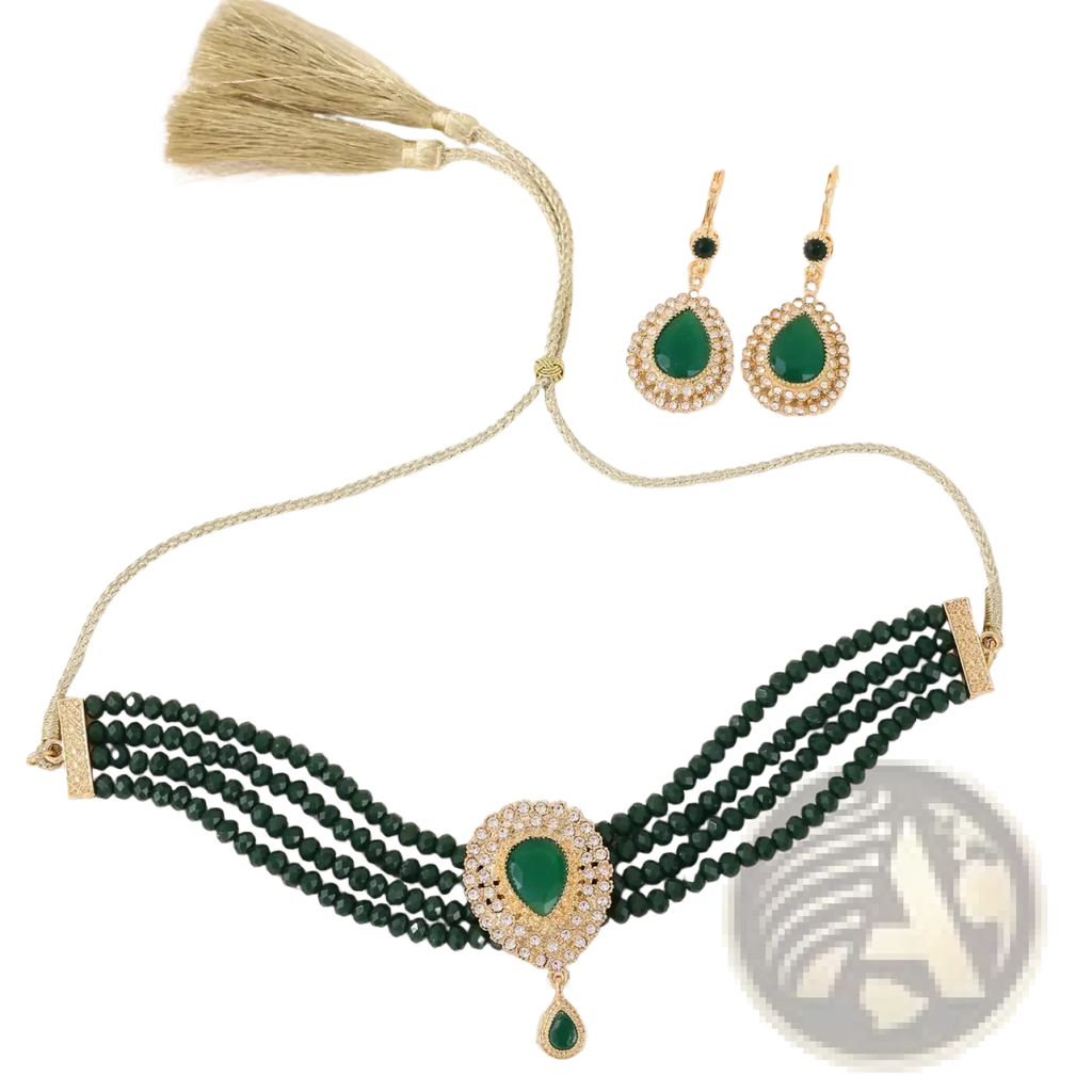 Emerald green beaded choker necklace with gold tone accents and teardrop pendant with matching earrings Moroccan bridal set