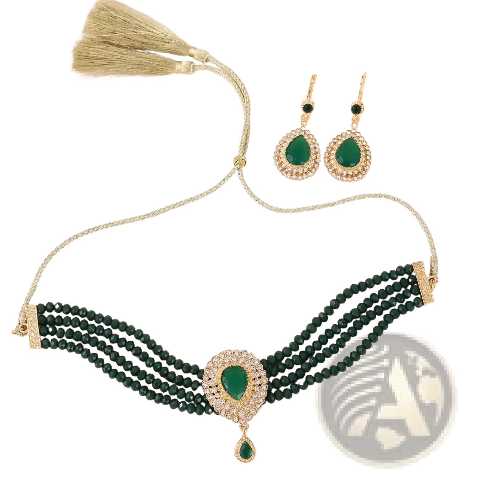 Emerald green beaded choker necklace with gold tone accents and teardrop pendant with matching earrings Moroccan bridal set