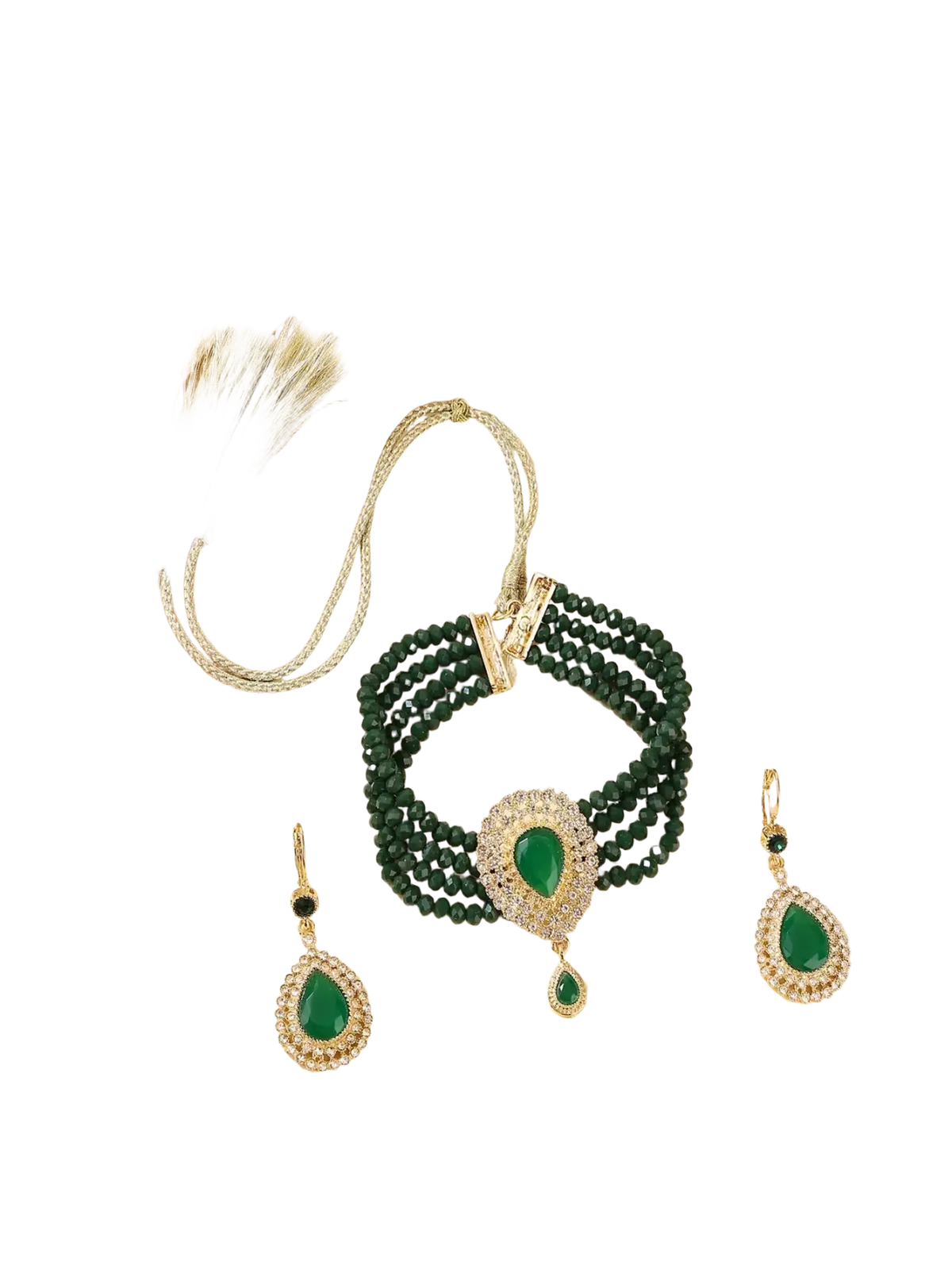 Emerald green beaded bracelet set with central teardrop gemstone and gold tone accents from Moroccan bridal jewelry set