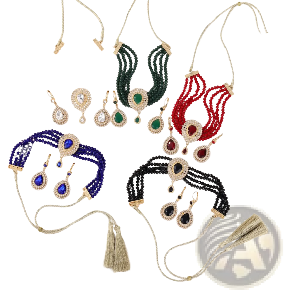 Moroccan bridal jewelry set featuring four coordinated beaded chokers with central gemstones and tassel earrings