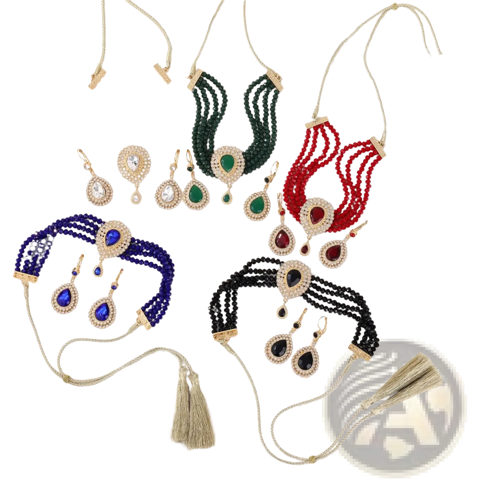 Moroccan bridal jewelry set featuring four coordinated beaded chokers with central gemstones and tassel earrings