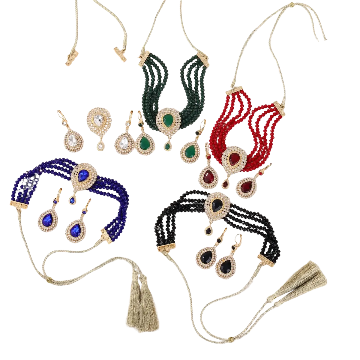 Moroccan bridal jewelry set featuring four coordinated beaded chokers with central gemstones and tassel earrings