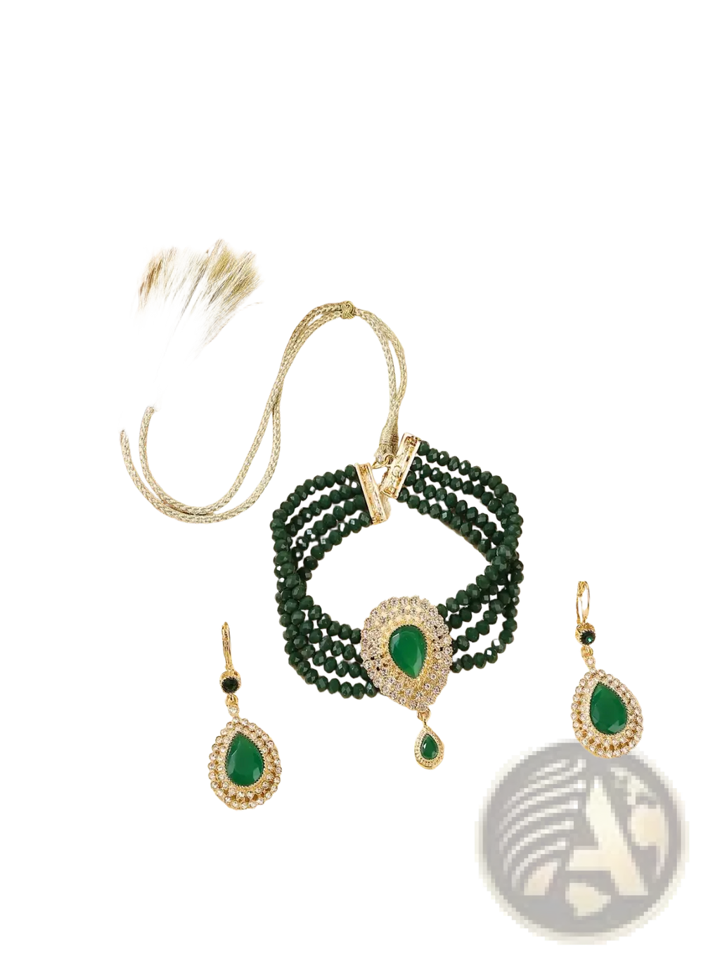 Emerald green beaded bracelet set with central teardrop gemstone and gold tone accents from Moroccan bridal jewelry set