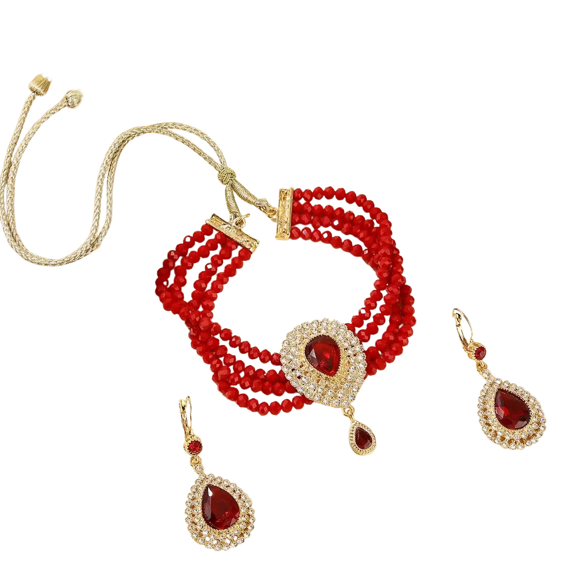 Moroccan bridal jewelry set featuring a red beaded choker with diamond pendant and matching gold-tone earrings