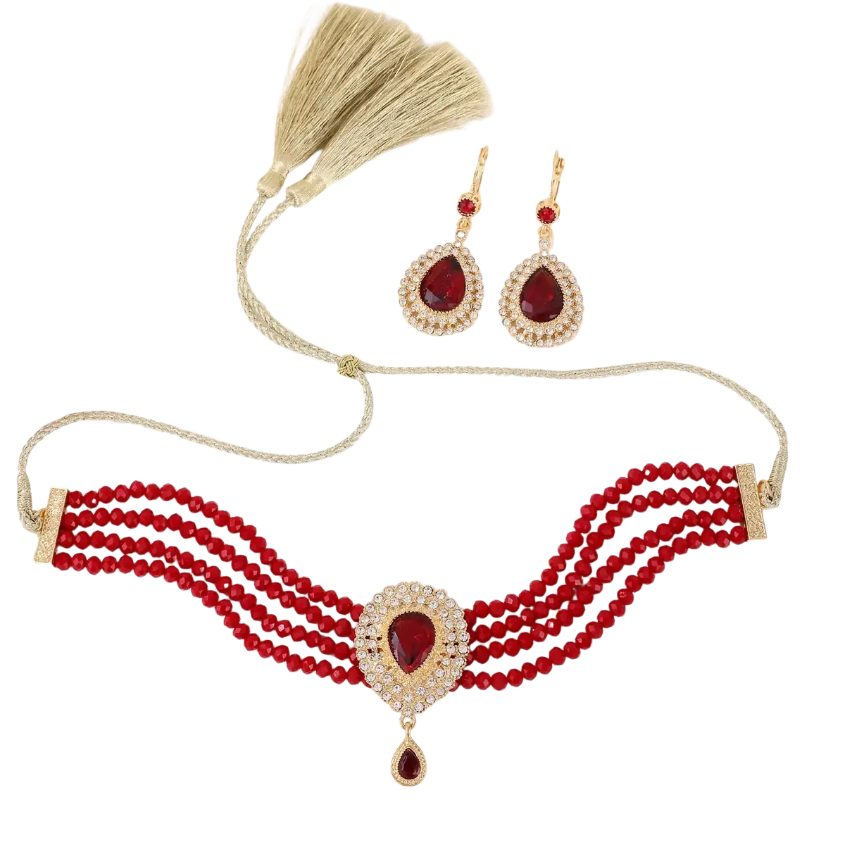 Red beaded Moroccan bridal jewelry set featuring a gold-tone choker with teardrop gemstone and matching earrings
