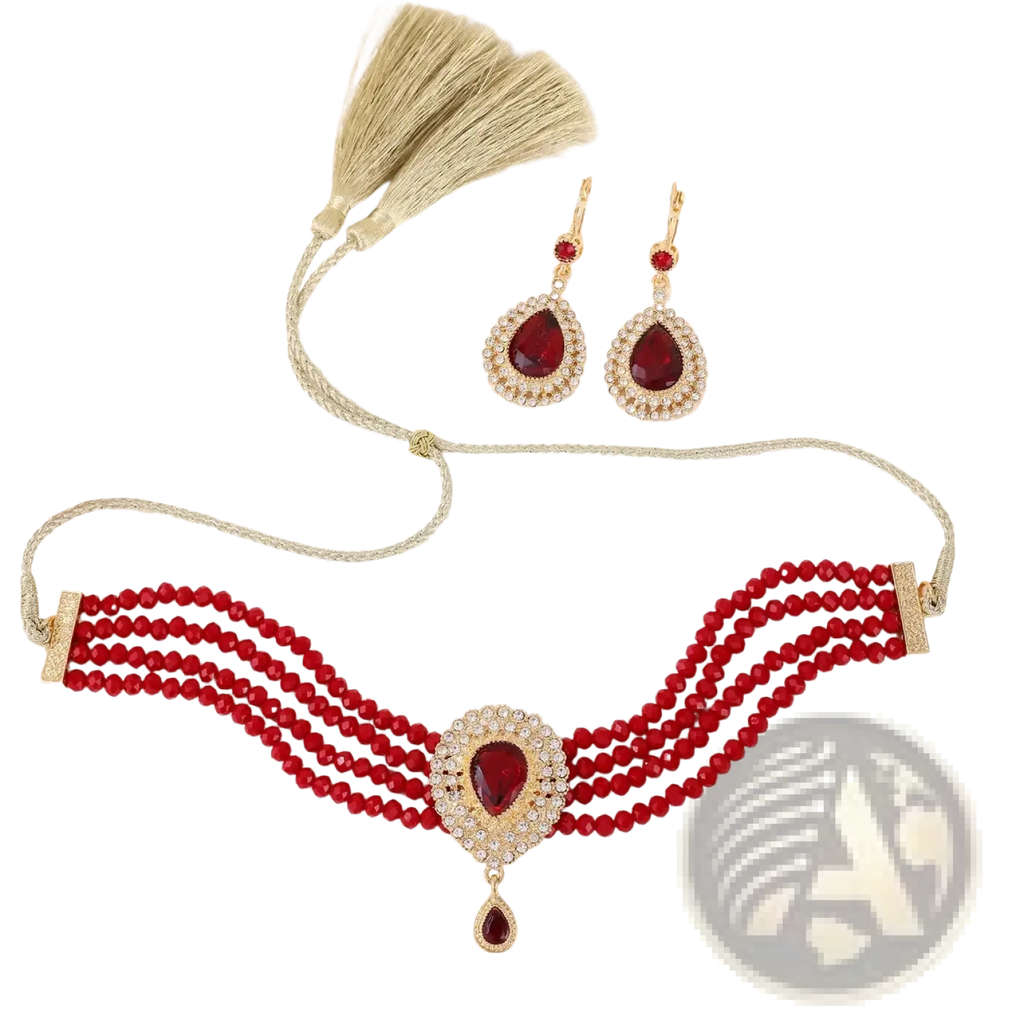 Red beaded Moroccan bridal jewelry set featuring a gold-tone choker with teardrop gemstone and matching earrings