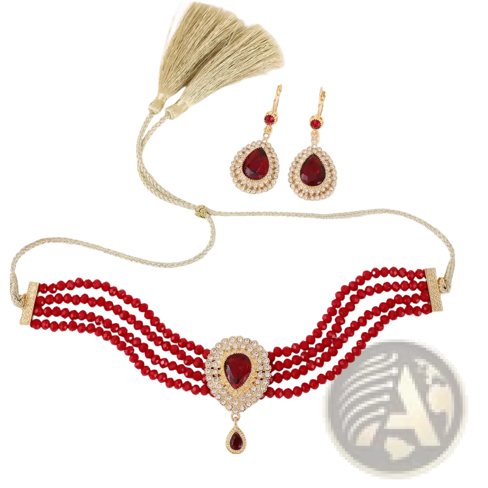 Red beaded Moroccan bridal jewelry set featuring a gold-tone choker with teardrop gemstone and matching earrings