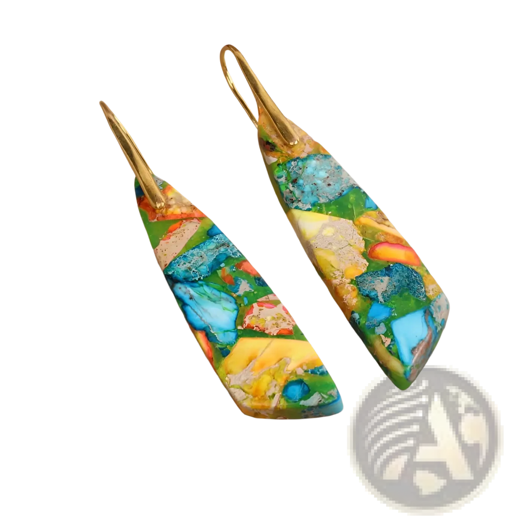 Vibrant multicolored mosaic geometric stone flower drop earrings with gold tone hooks for elegant wear