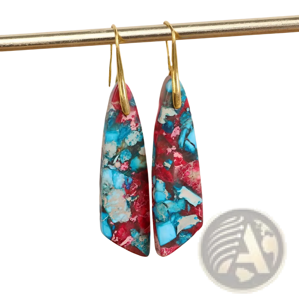 Mosaic geometric stone flower drop earrings featuring vibrant red and blue marbled stone with gold-tone hooks