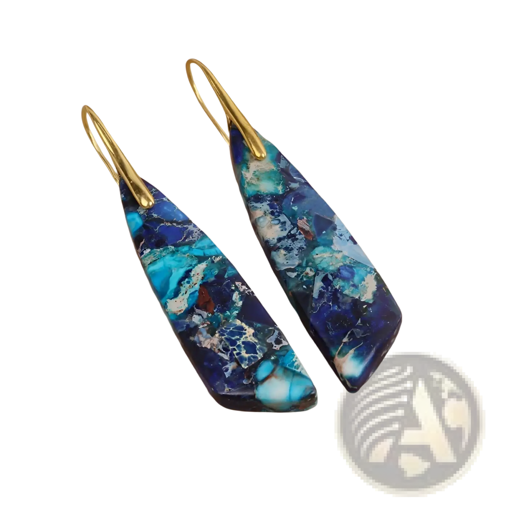 Teardrop mosaic geometric stone flower drop earrings with vibrant blue and turquoise marbled stones and gold hooks