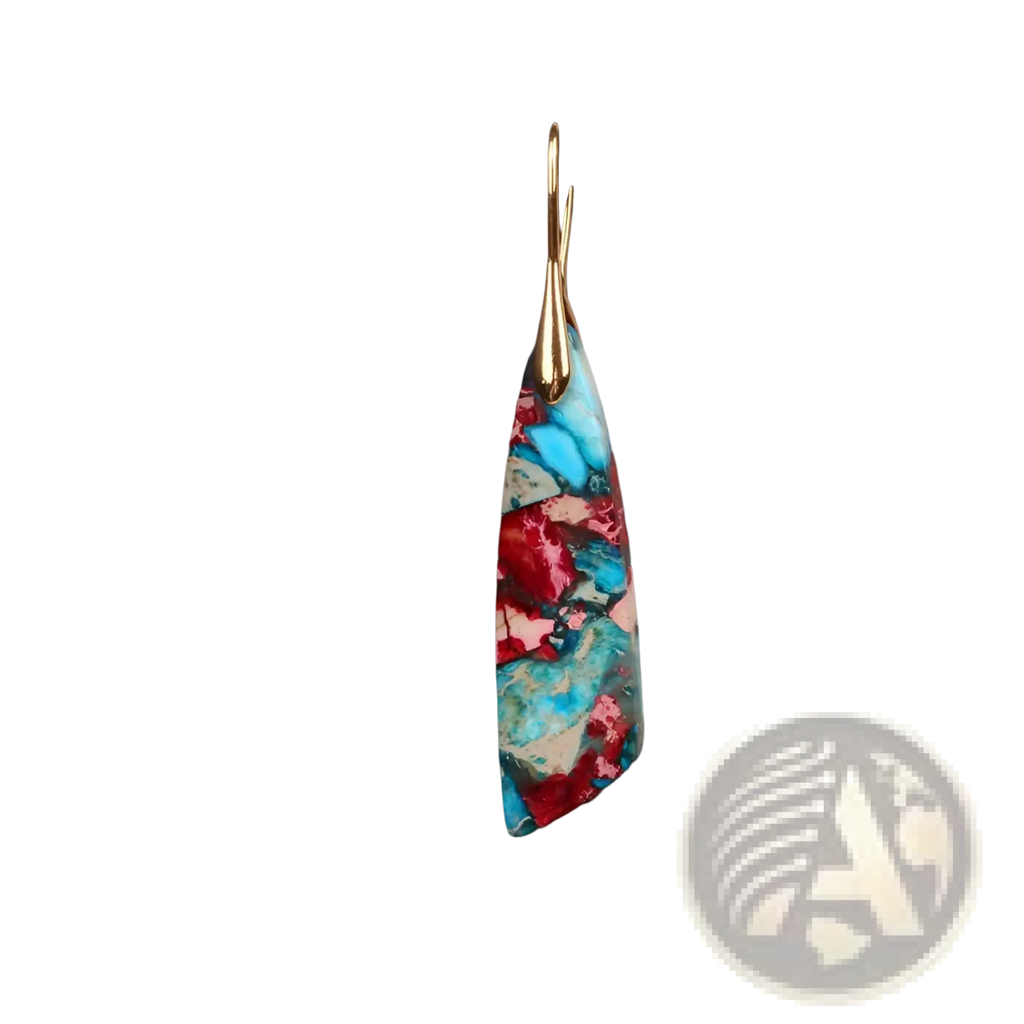 Mosaic geometric stone flower drop earring with a vibrant teardrop turquoise and red stone and gold tone hook