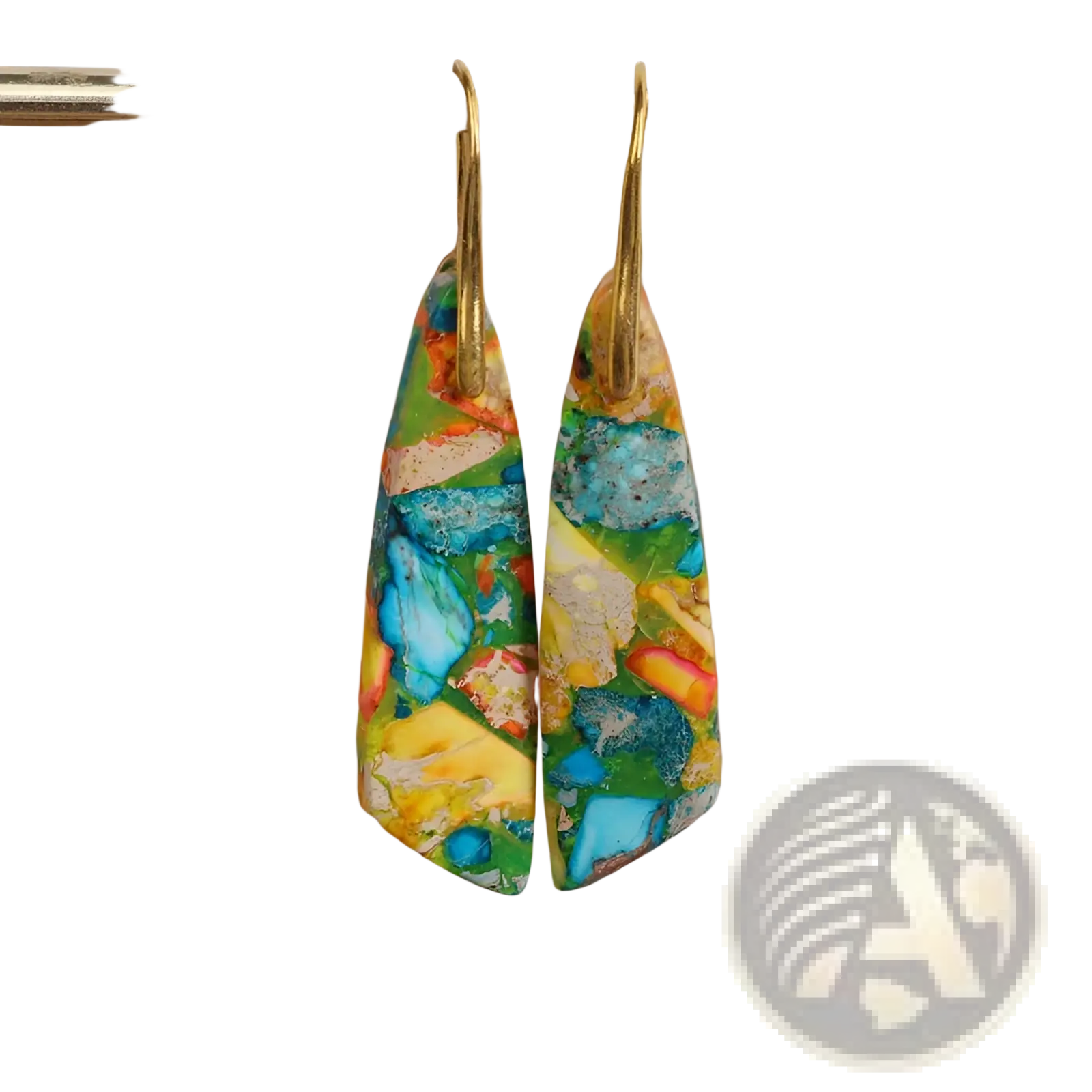Mosaic geometric stone flower drop earrings with vibrant multicolored teardrop mosaic stones and gold-toned hooks