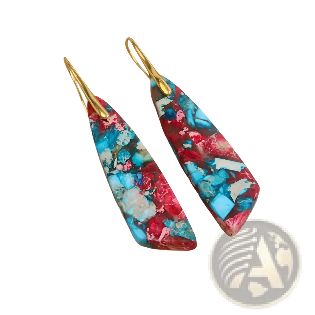 Mosaic geometric stone flower drop earrings featuring vibrant turquoise and red mosaic stones with gold-tone hooks