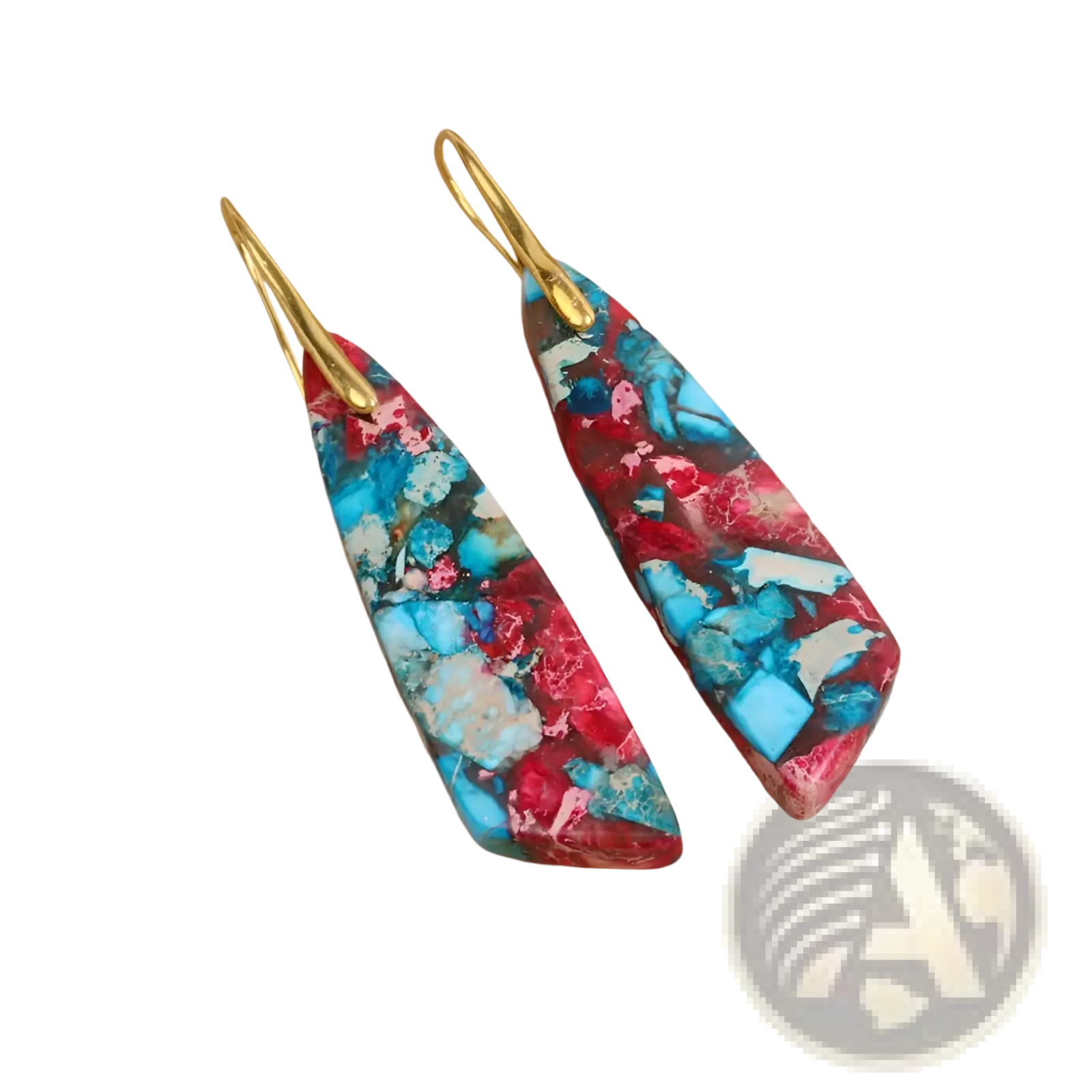 Mosaic geometric stone flower drop earrings featuring vibrant turquoise and red mosaic stones with gold-tone hooks