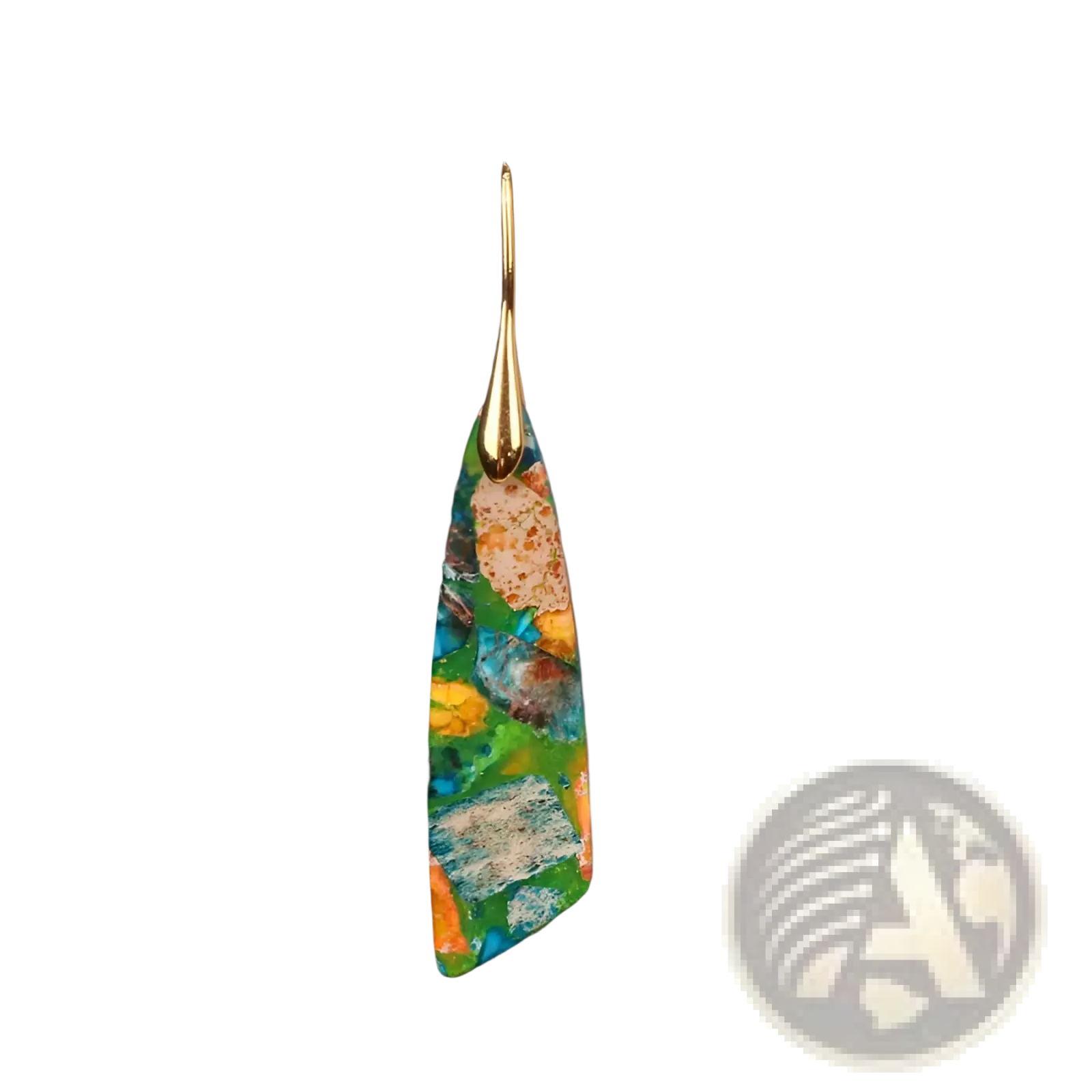 Vibrant multicolored mosaic geometric stone flower drop earring with a gold-tone hook and teardrop shape