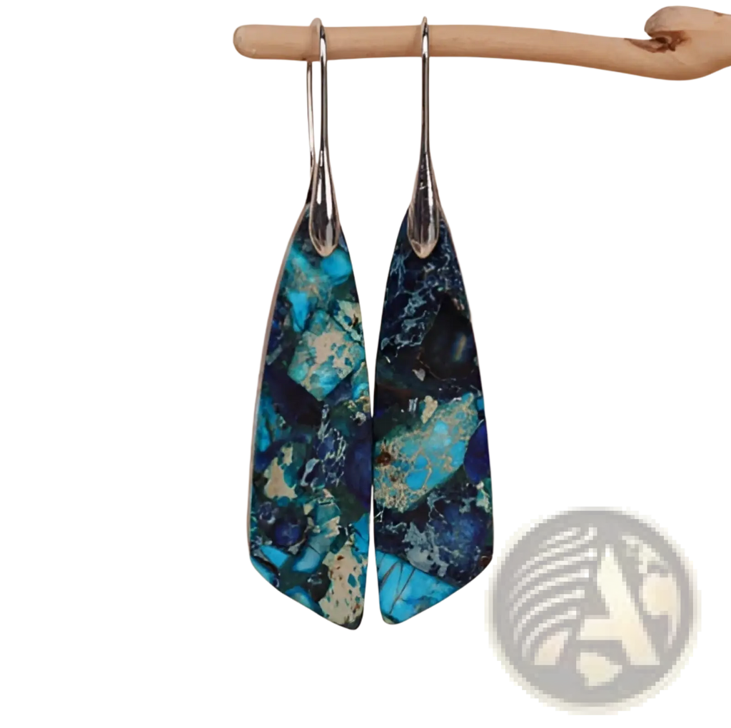 Teardrop-shaped mosaic geometric stone flower drop earrings with vibrant blue and black marbled stone and silver hooks