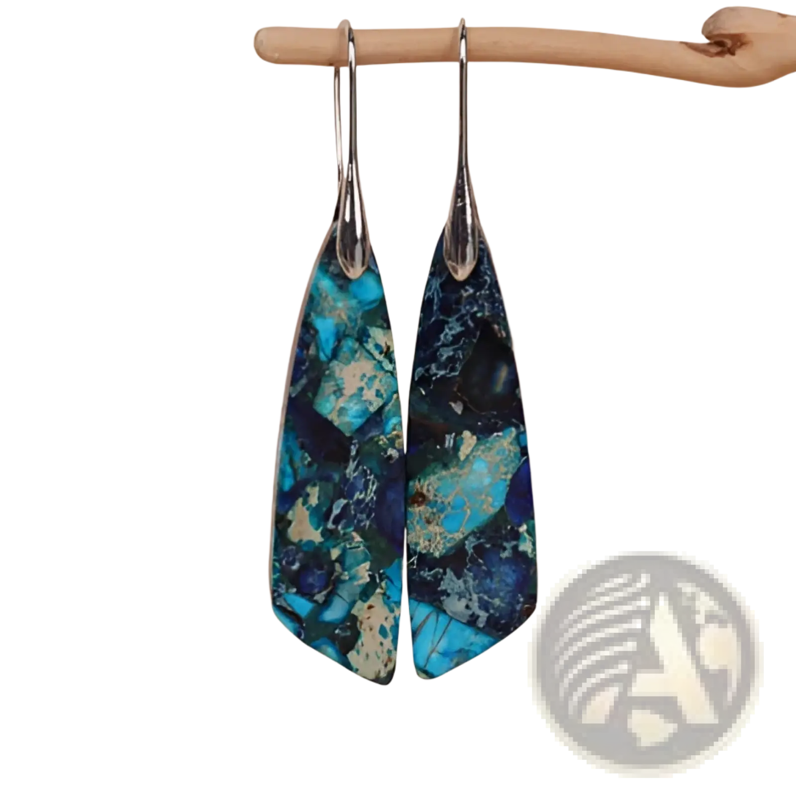 Teardrop-shaped mosaic geometric stone flower drop earrings with vibrant blue and black marbled stone and silver hooks