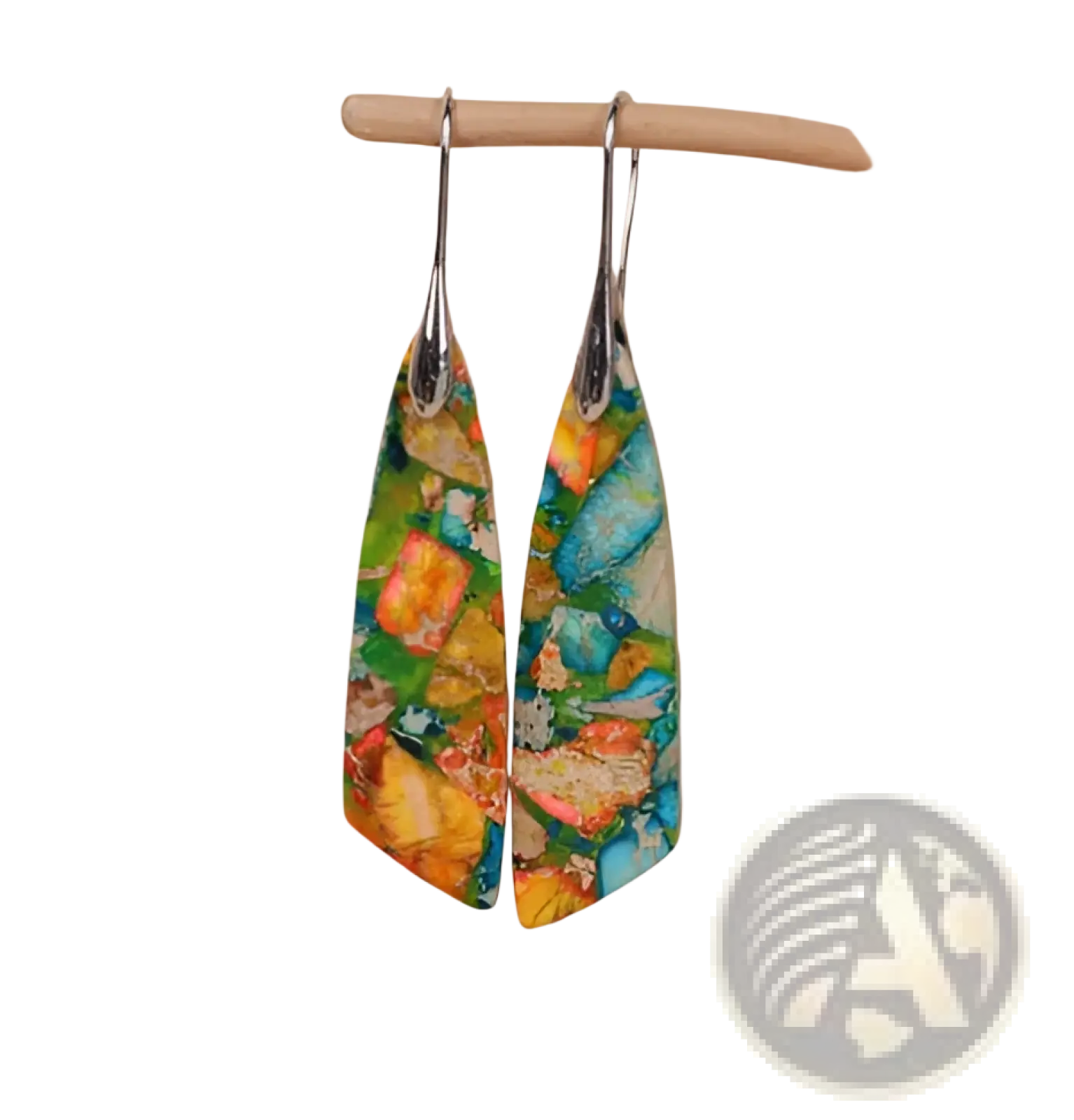 Mosaic geometric stone flower drop earrings with vibrant teardrop shape and colorful enamel in blues greens oranges and yellows