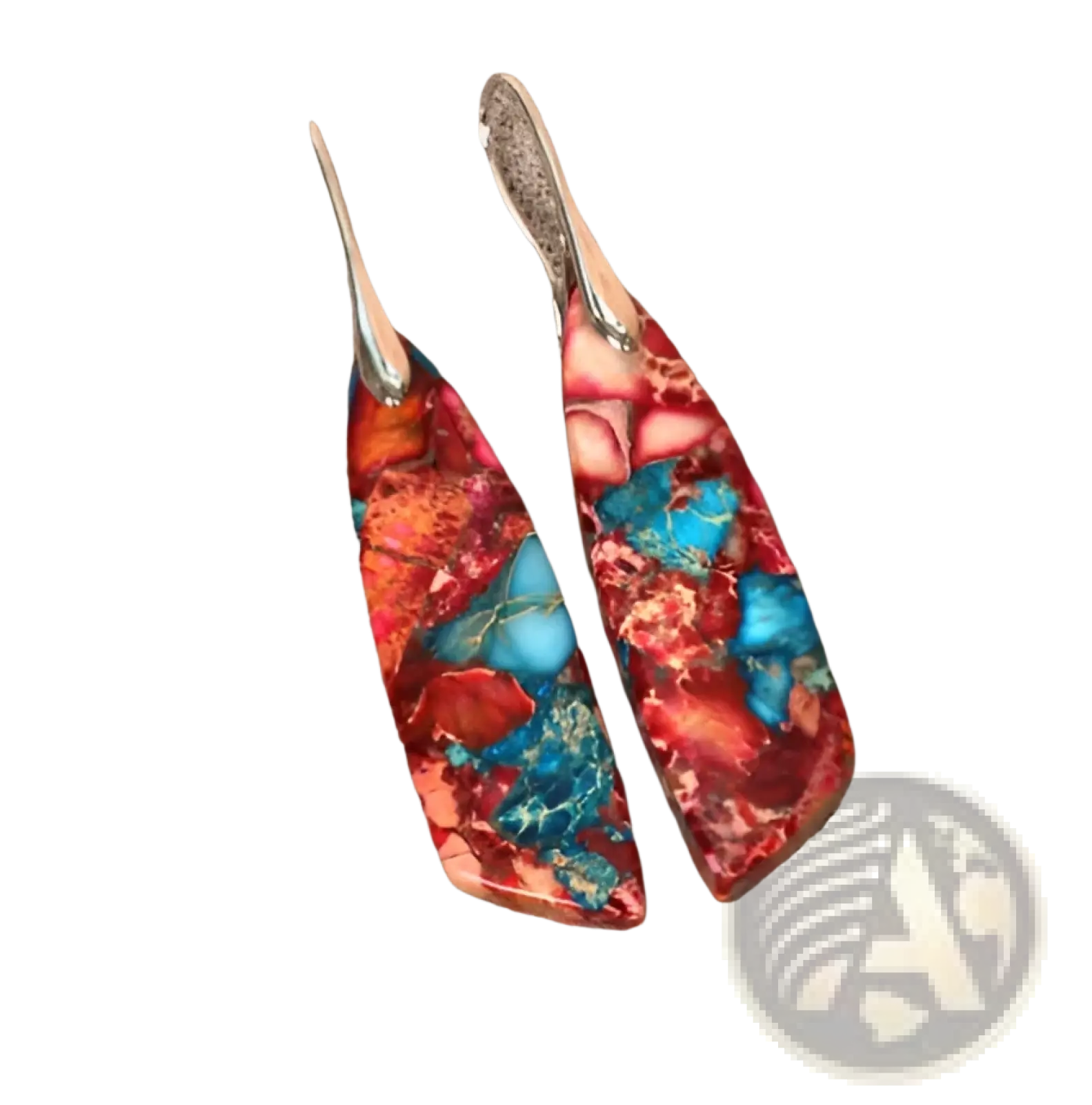 Mosaic geometric stone flower drop earrings featuring vibrant red and turquoise stones with silver hooks