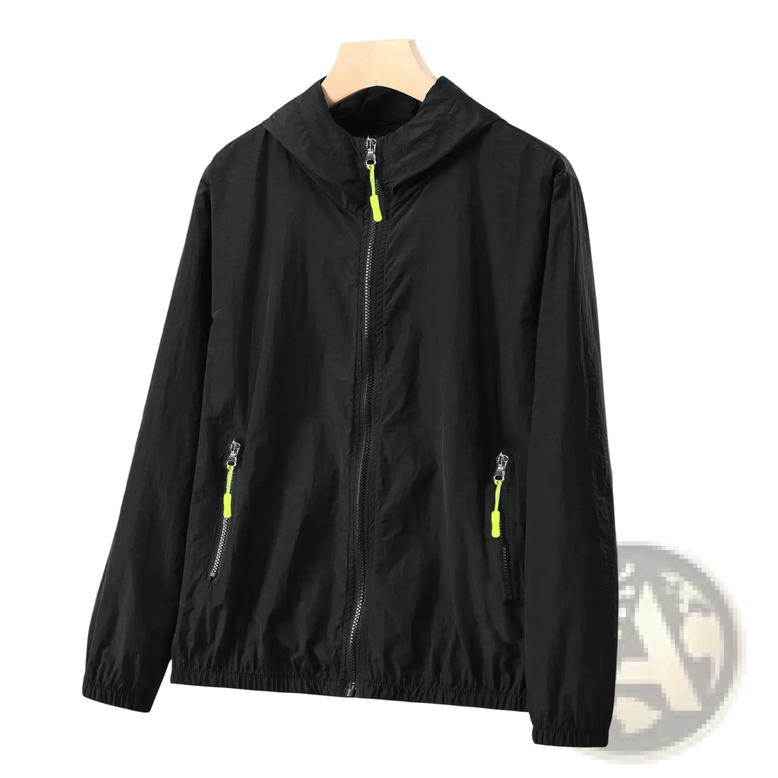 Black hooded windbreaker with neon yellow zipper pulls and side pockets mosquito repellent sun protection mens jacket