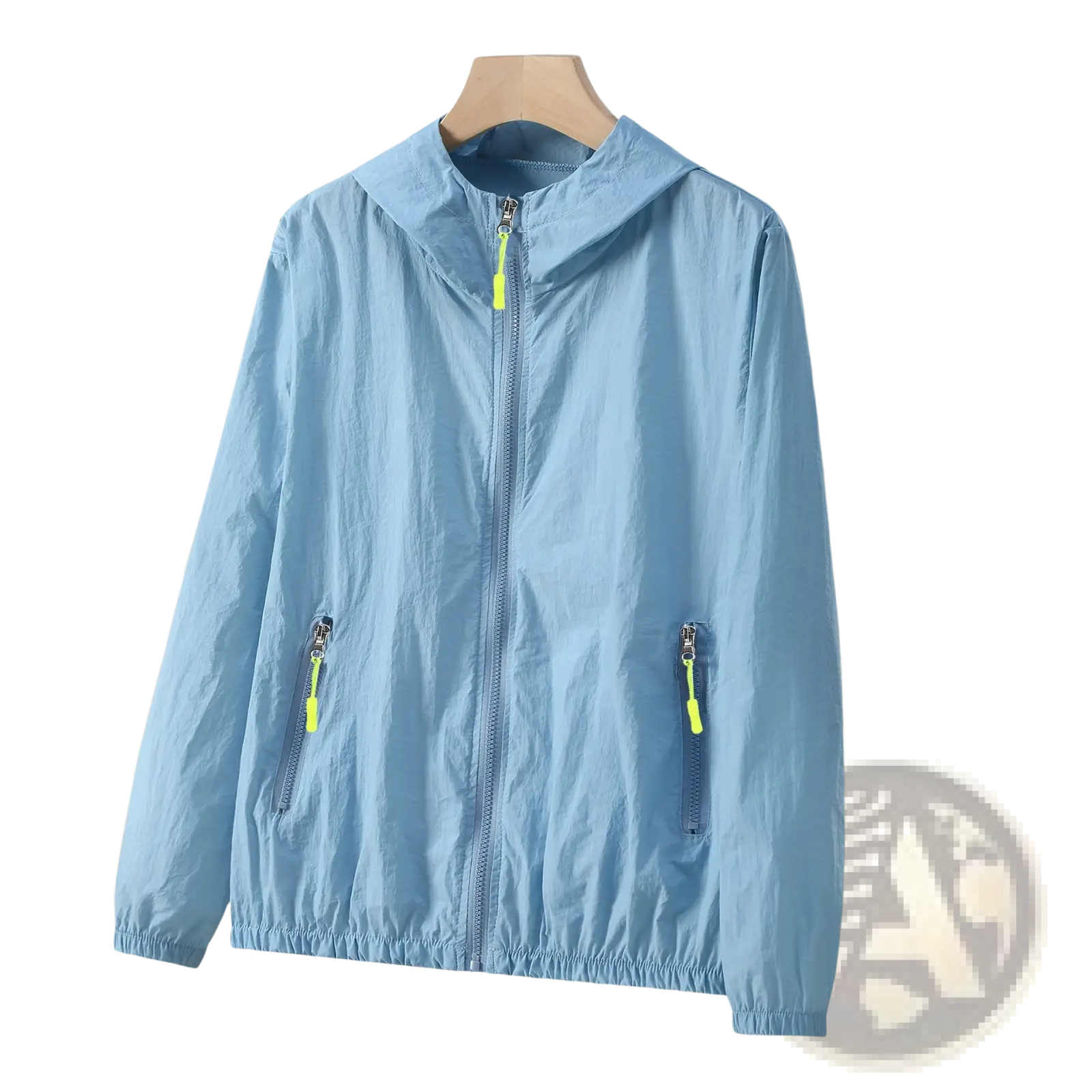 Light blue lightweight mosquito repellent sun protection mens hooded jacket with neon yellow zipper pulls and pockets