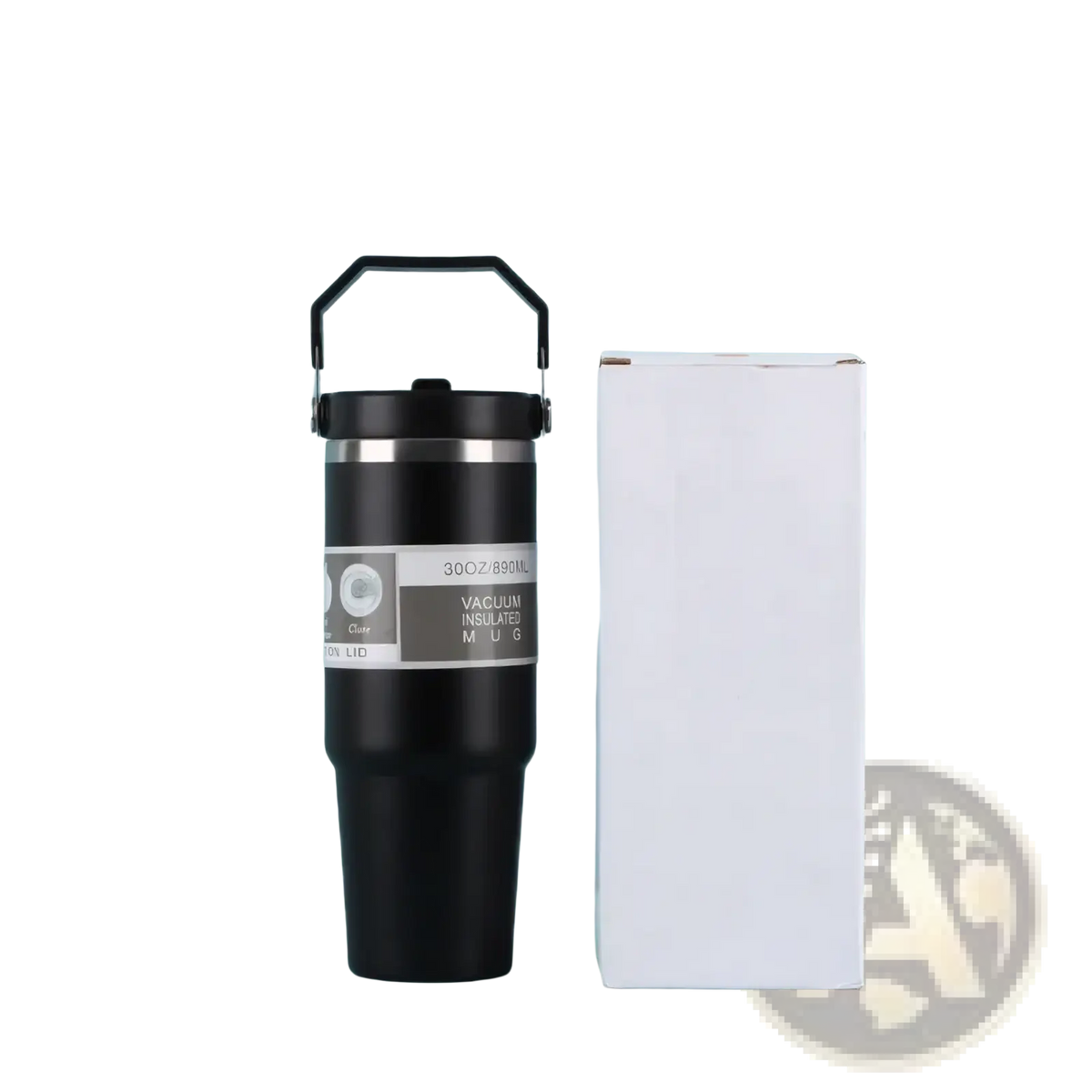 Black vacuum insulated stainless steel mug with silver rim and handle 30oz 890ml mother day coffee tumbler for mom