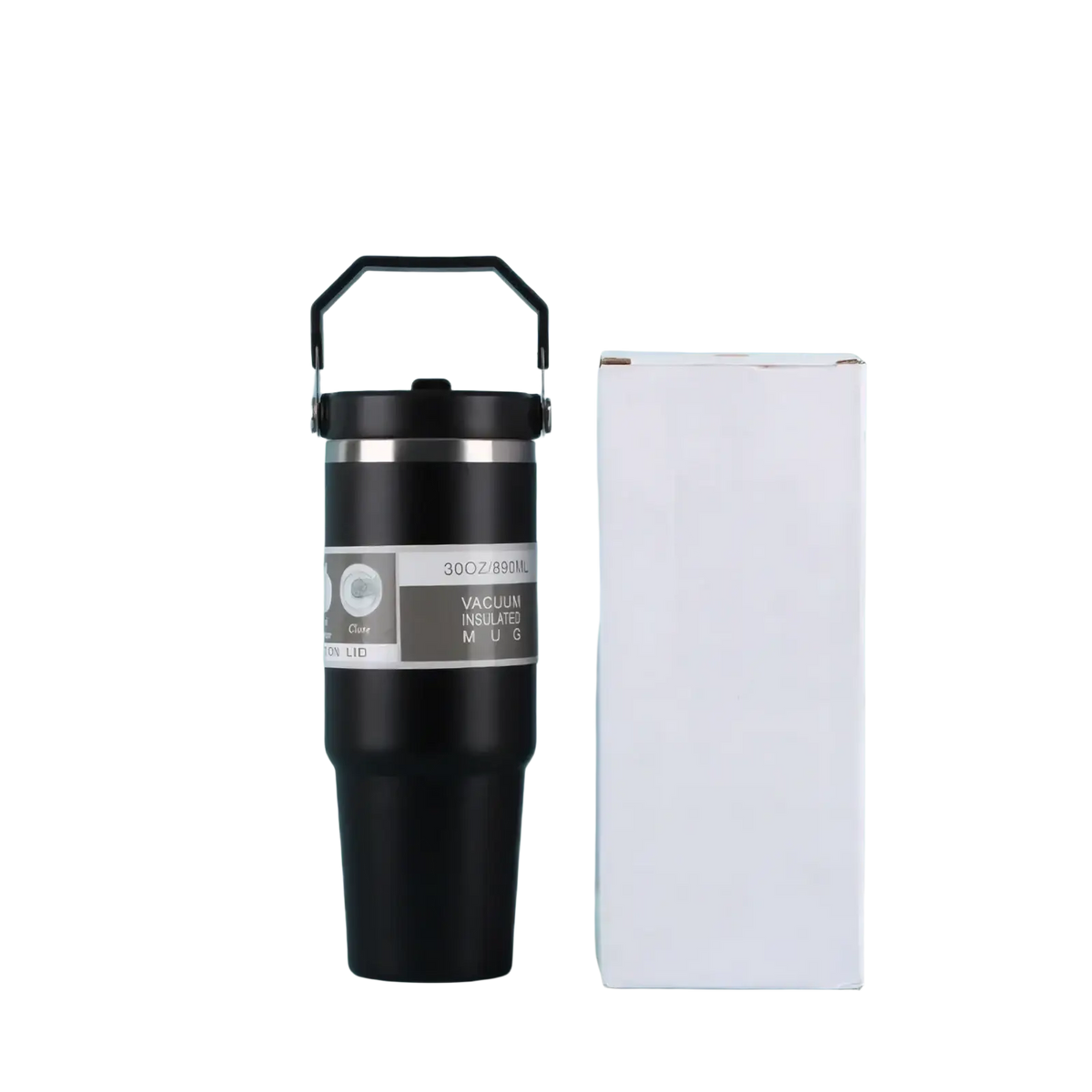 Black vacuum insulated stainless steel mug with silver rim and handle 30oz 890ml mother day coffee tumbler for mom