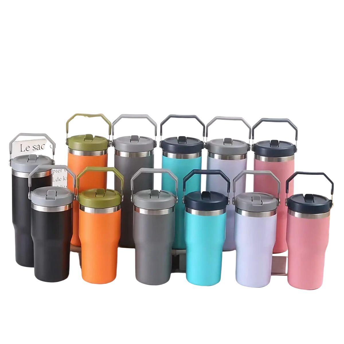 A collection of colorful insulated stainless steel coffee tumblers with metallic lids and handles for mothers day use