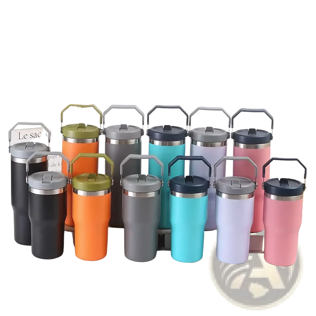 A collection of colorful insulated stainless steel coffee tumblers with metallic lids and handles for mothers day use