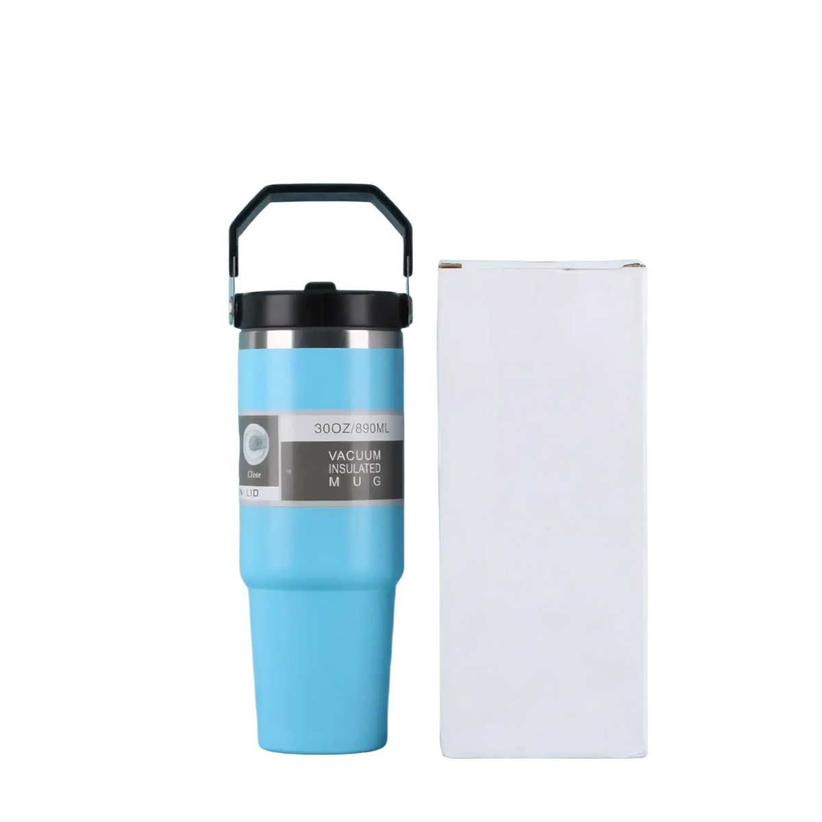 Light blue vacuum insulated coffee tumbler with black handle and lid and metallic band for Mother Day gift for mom