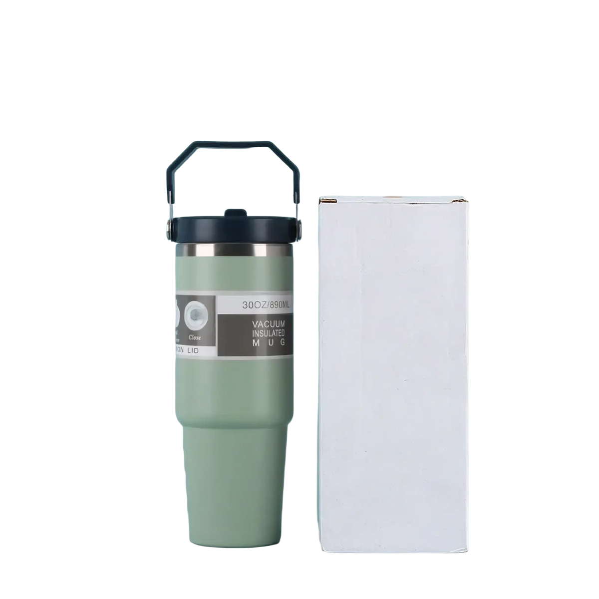 Olive green vacuum insulated coffee tumbler with black handle and lid designed as a mother day gift for mom