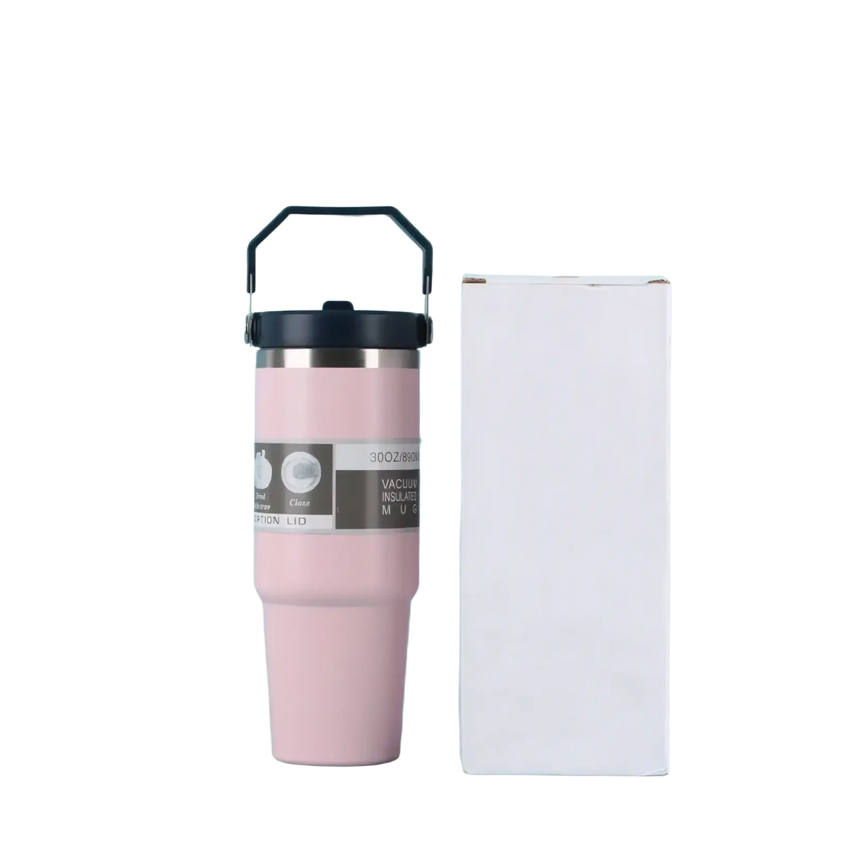Pink insulated coffee tumbler with black handle and lid designed for mother day gift for mom