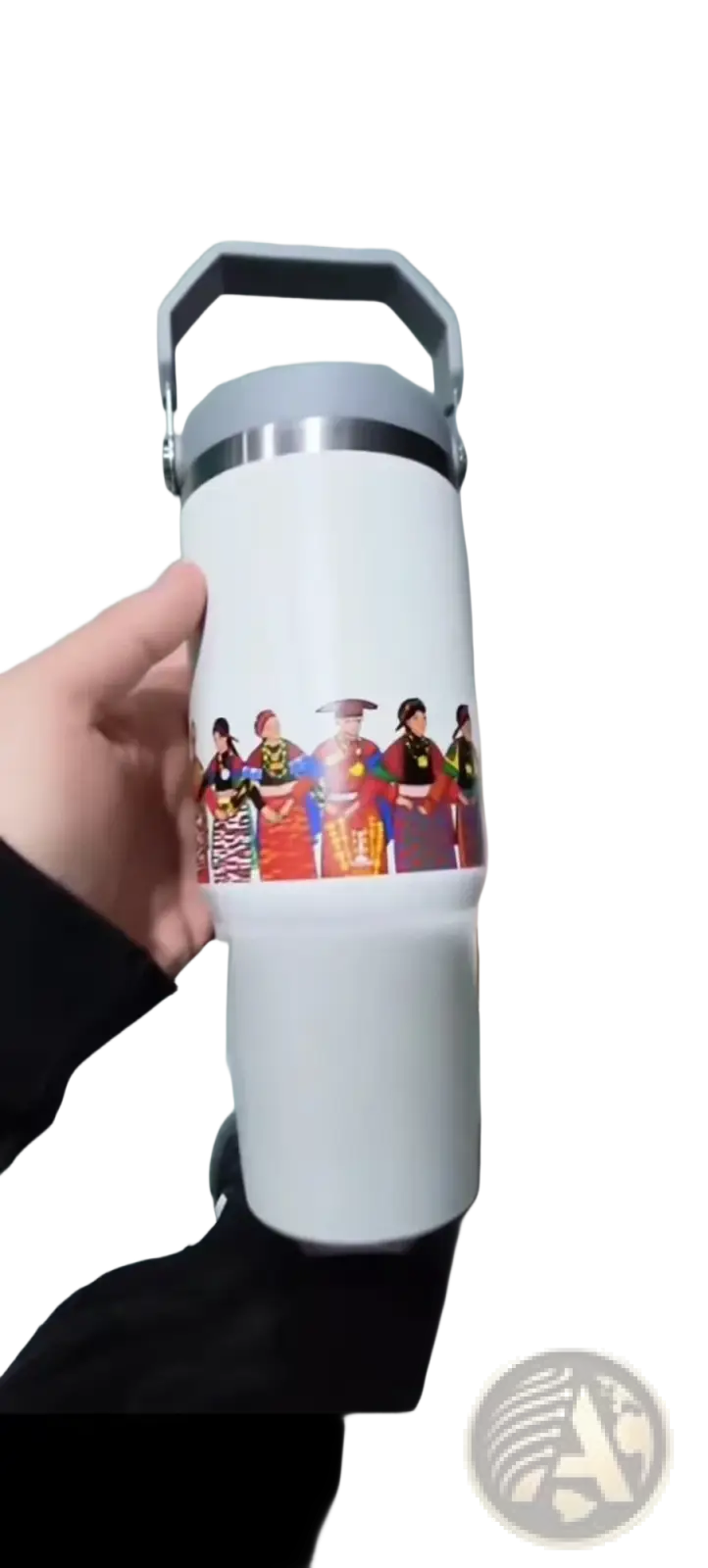 White insulated coffee tumbler with gray handle and colorful traditional figures design for mother day gift