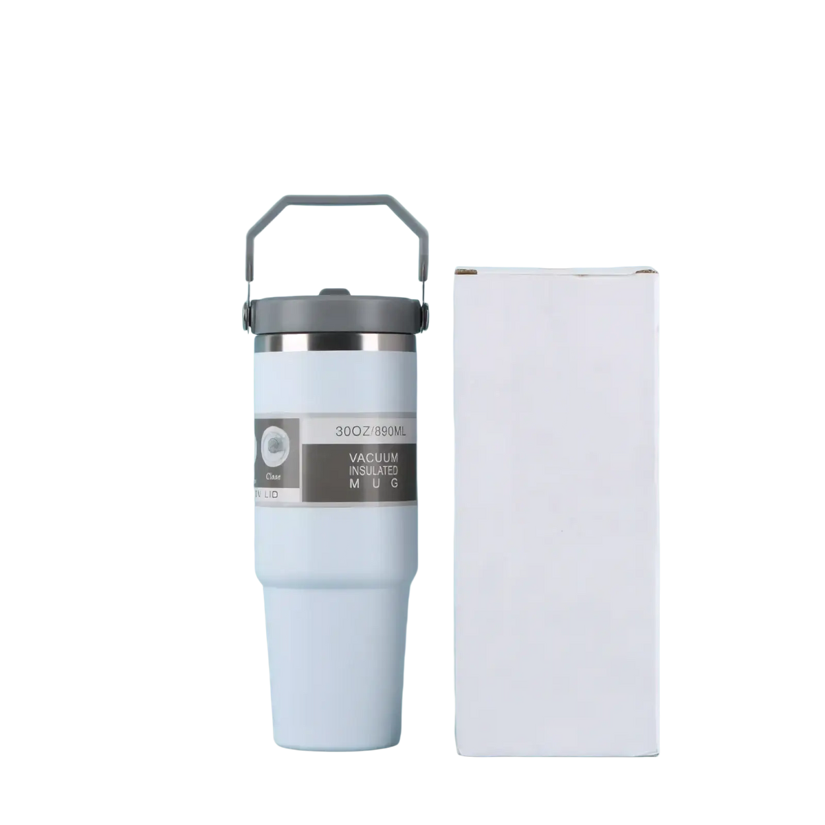 White vacuum insulated coffee tumbler with gray handle lid and metallic rim designed for Mother’s Day gift