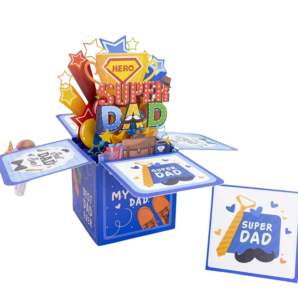 Blue Mother’s Day 3d pop up flower bouquet greeting card featuring a super dad design with colorful 3d elements