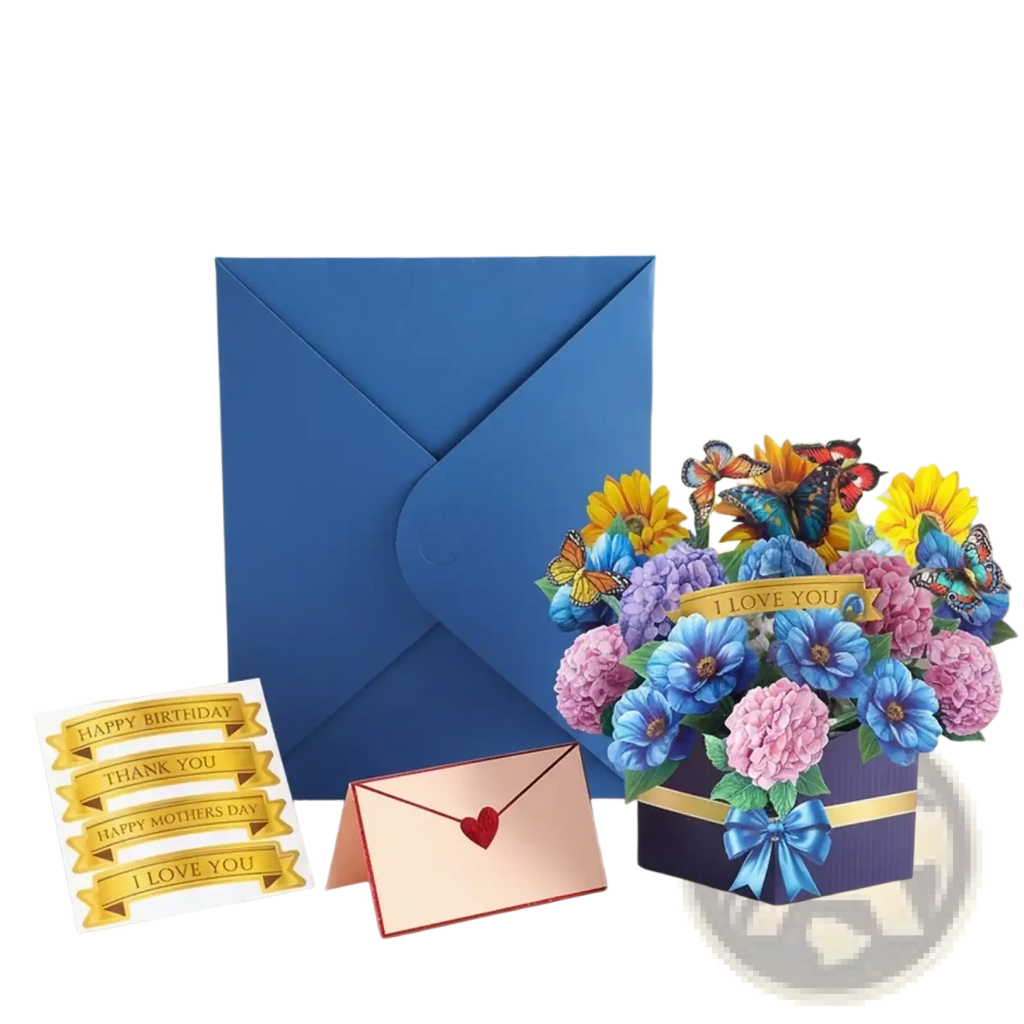 Mother’s day 3d pop up flower bouquet greeting card with vibrant colorful paper blossoms and butterflies in purple box