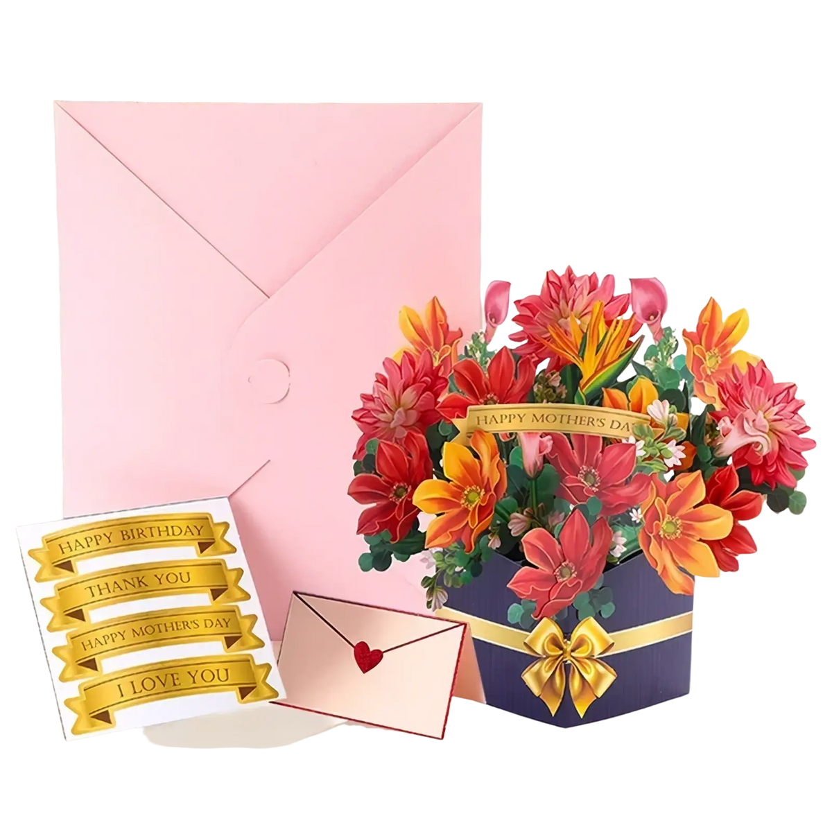 Mother’s Day 3d pop up flower bouquet greeting card with vibrant red orange and pink blossoms in navy box with gold ribbon
