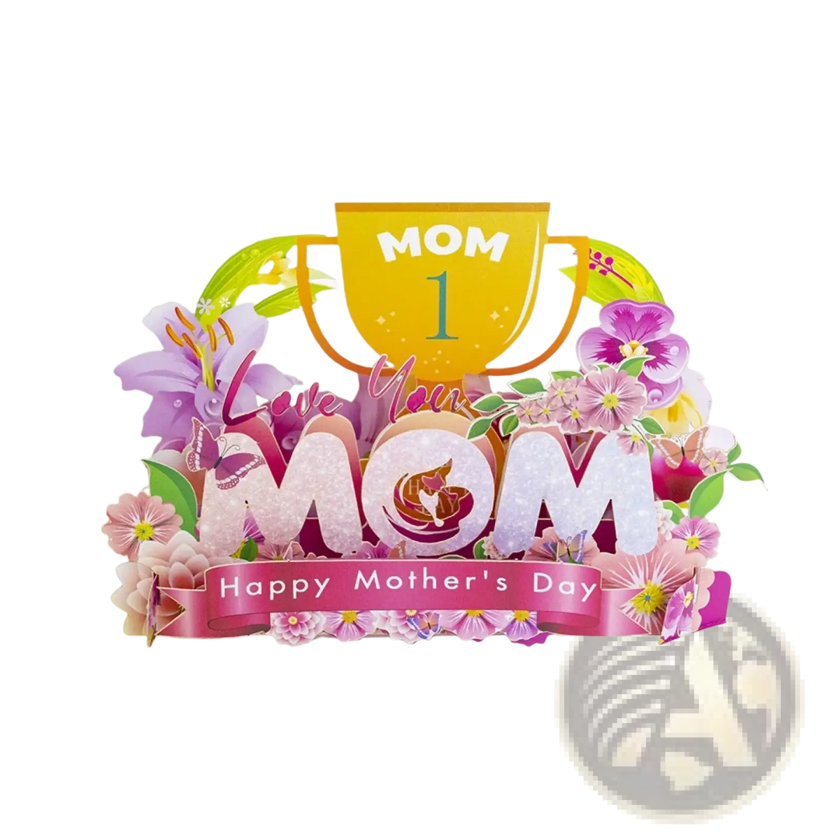 A vibrant pink and gold 3d pop up flower bouquet greeting card featuring mom floral decorations and happy mothers day ribbon banner
