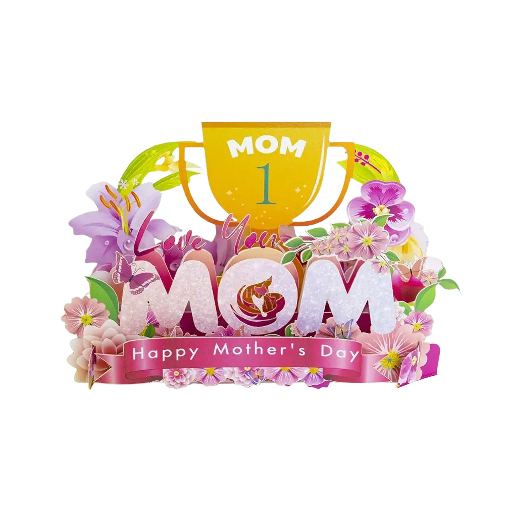 Mother’s Day 3d pop up flower bouquet greeting card with vibrant pink and gold mom design and happy mothers day ribbon banner