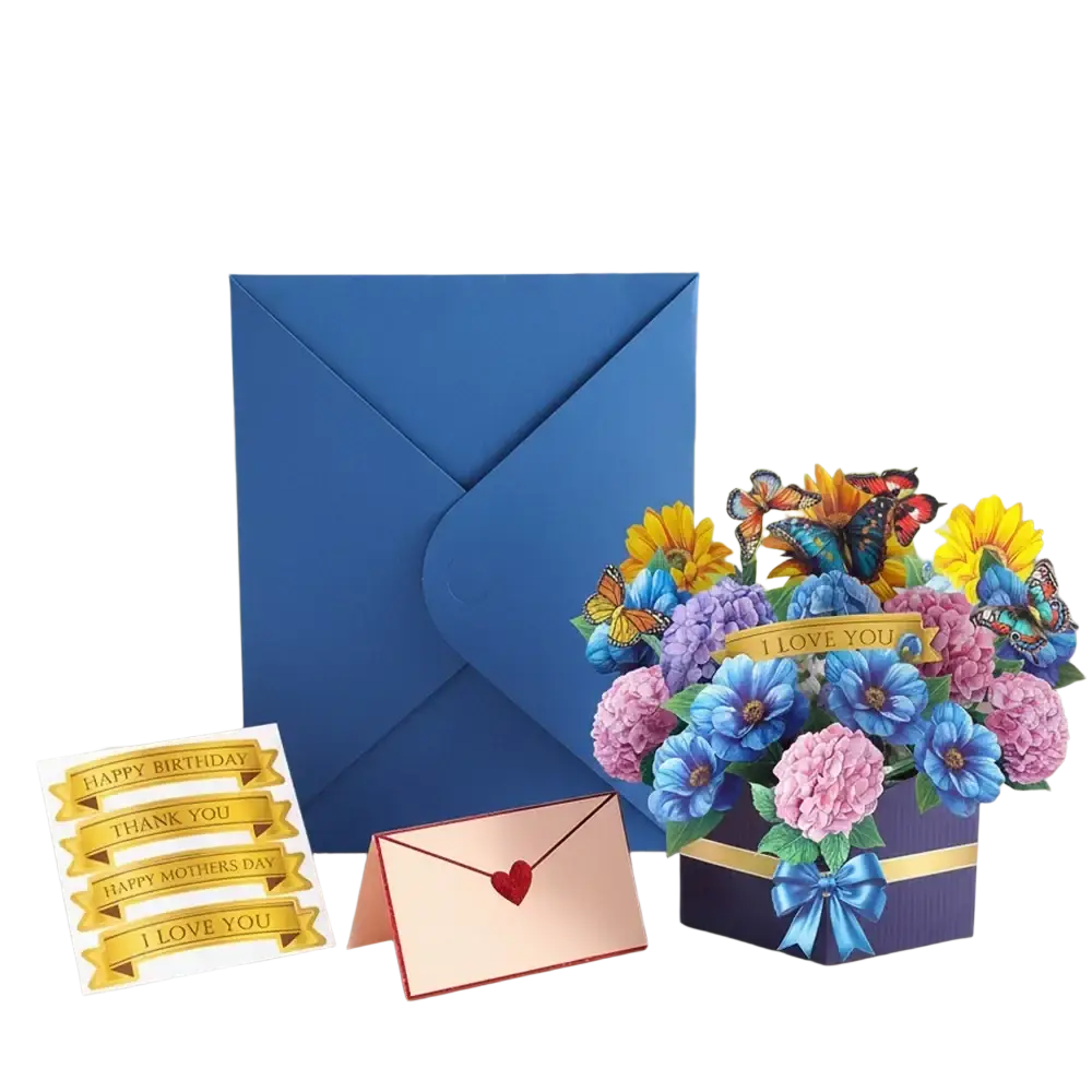 Mother’s day 3d pop up flower bouquet greeting card with vibrant colorful paper blossoms and butterflies in purple box