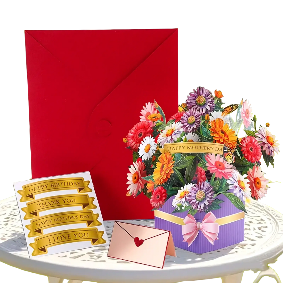 Mother’s Day 3d pop up flower bouquet greeting card with vibrant colorful flowers in purple gift box and pink ribbon