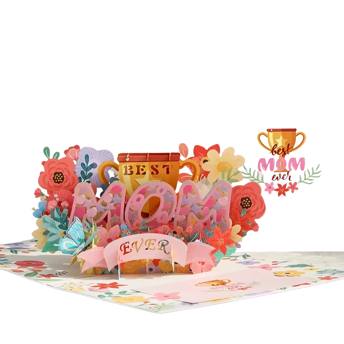 Mother’s Day 3d pop up flower bouquet greeting card with colorful best mom ever paper cutouts and floral butterfly designs