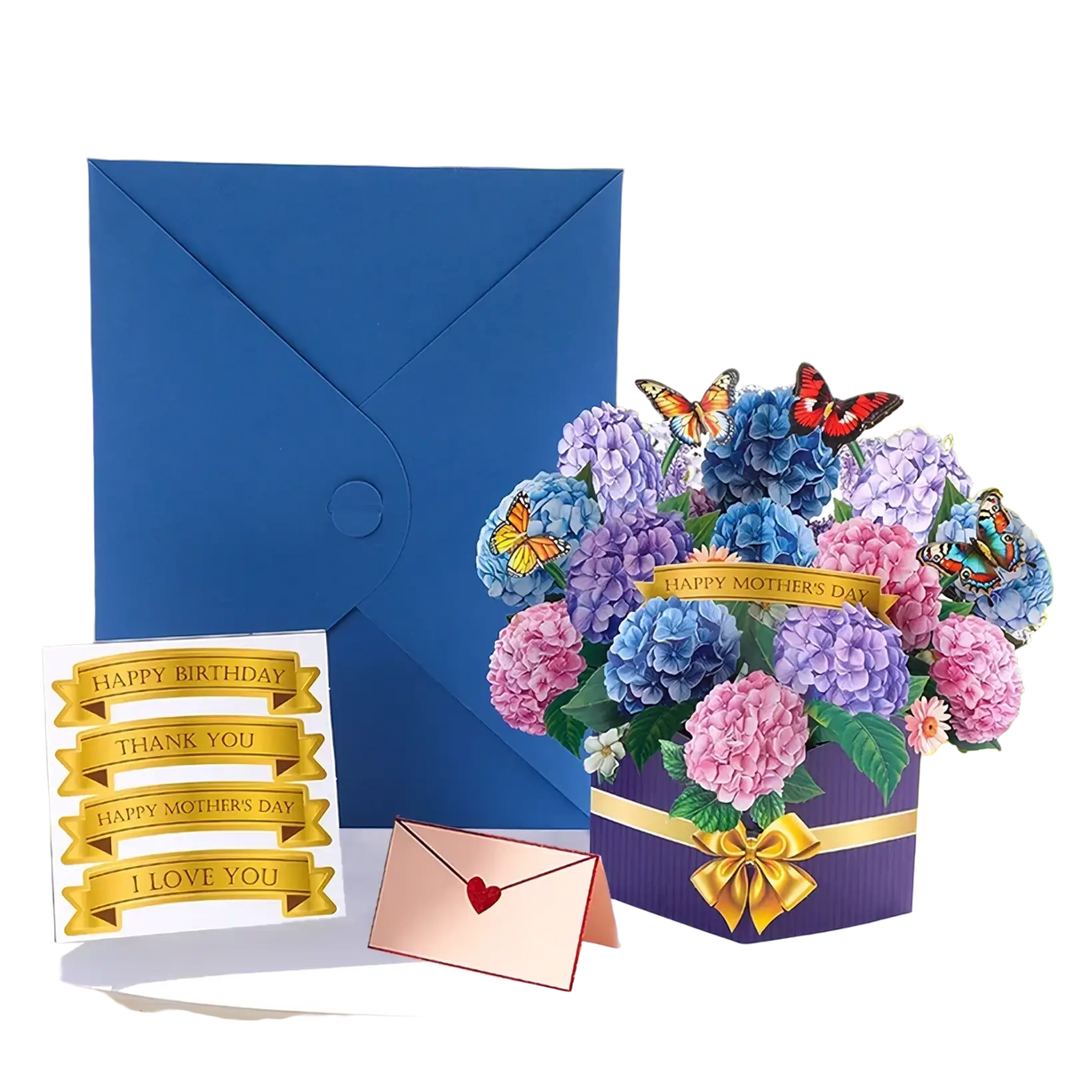Mother’s Day 3d pop up flower bouquet greeting card with vibrant purple blue pink hydrangeas butterflies and gold ribbon bow