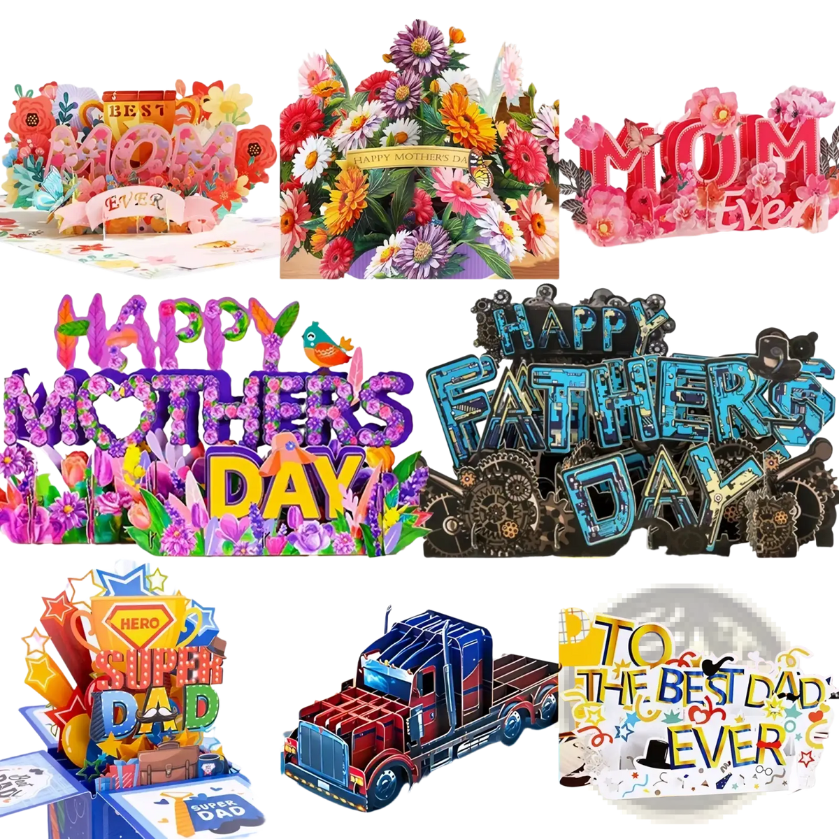 A vibrant mother’s day 3d pop up flower bouquet greeting card with bold purple and yellow lettering and colorful floral designs