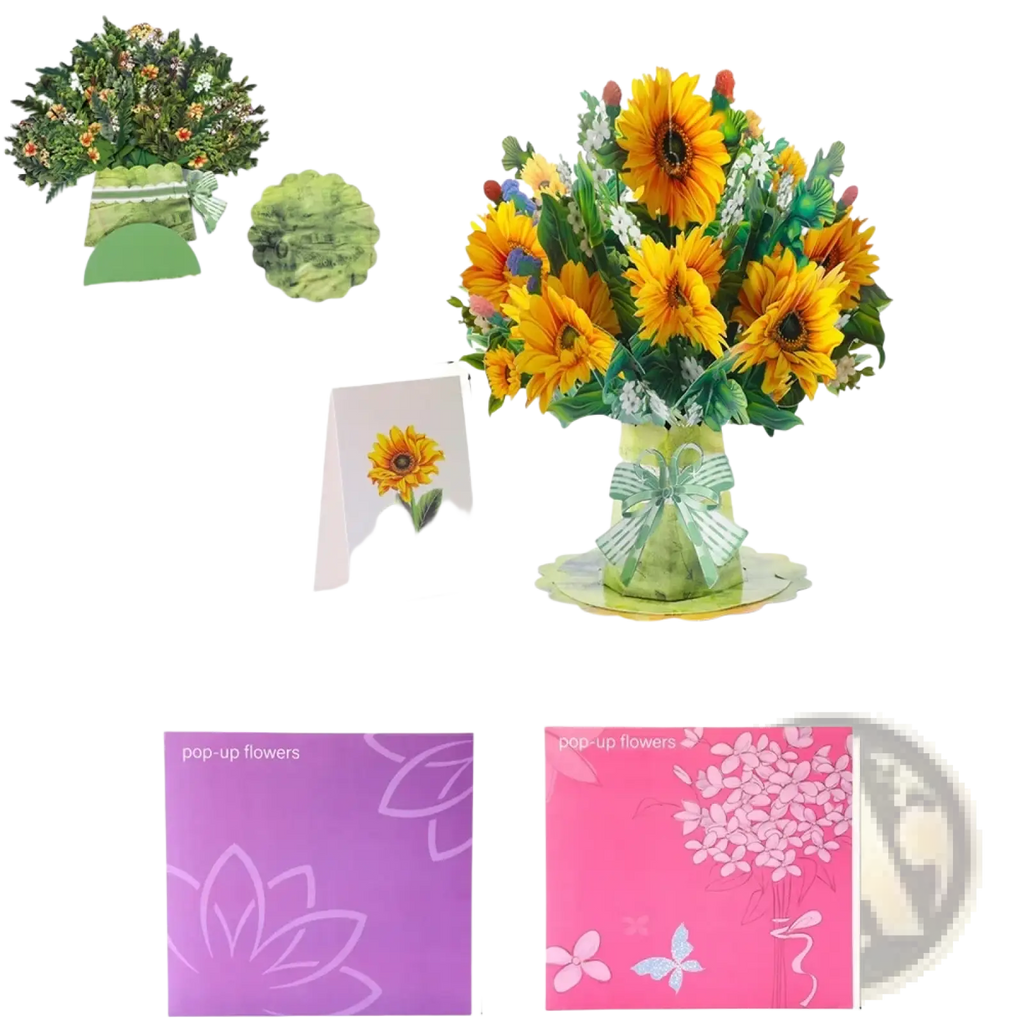 Mother’s day 3d pop up flower bouquet greeting card featuring vibrant yellow sunflower bouquet in green paper vase with blue ribbon bow