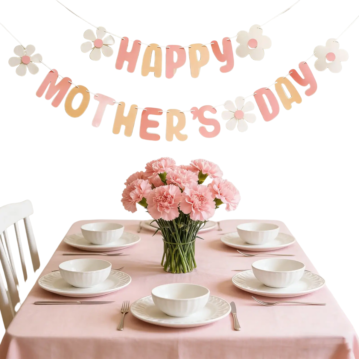 A mothers day daisy paper banner wall decor featuring a clear glass vase with soft pink carnations bouquet