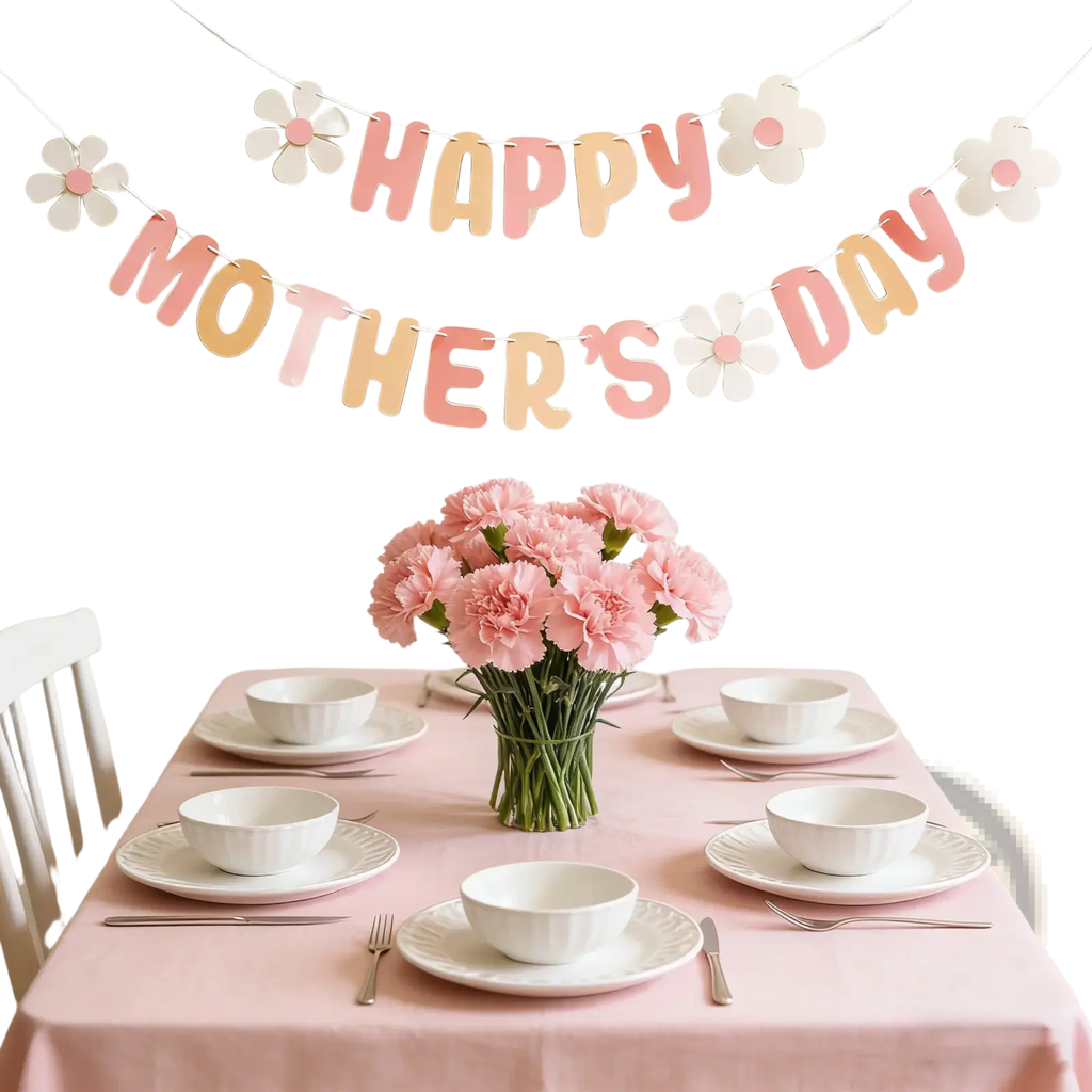 A mothers day daisy paper banner wall decor featuring a clear glass vase with soft pink carnations bouquet