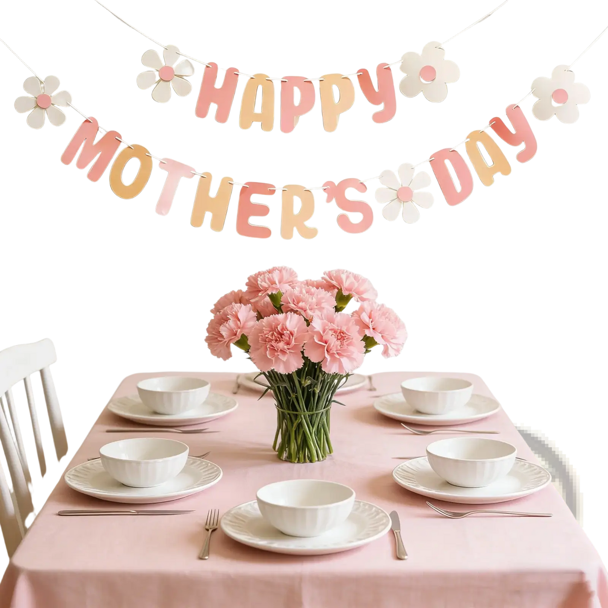 A mothers day daisy paper banner wall decor featuring a clear glass vase with soft pink carnations bouquet