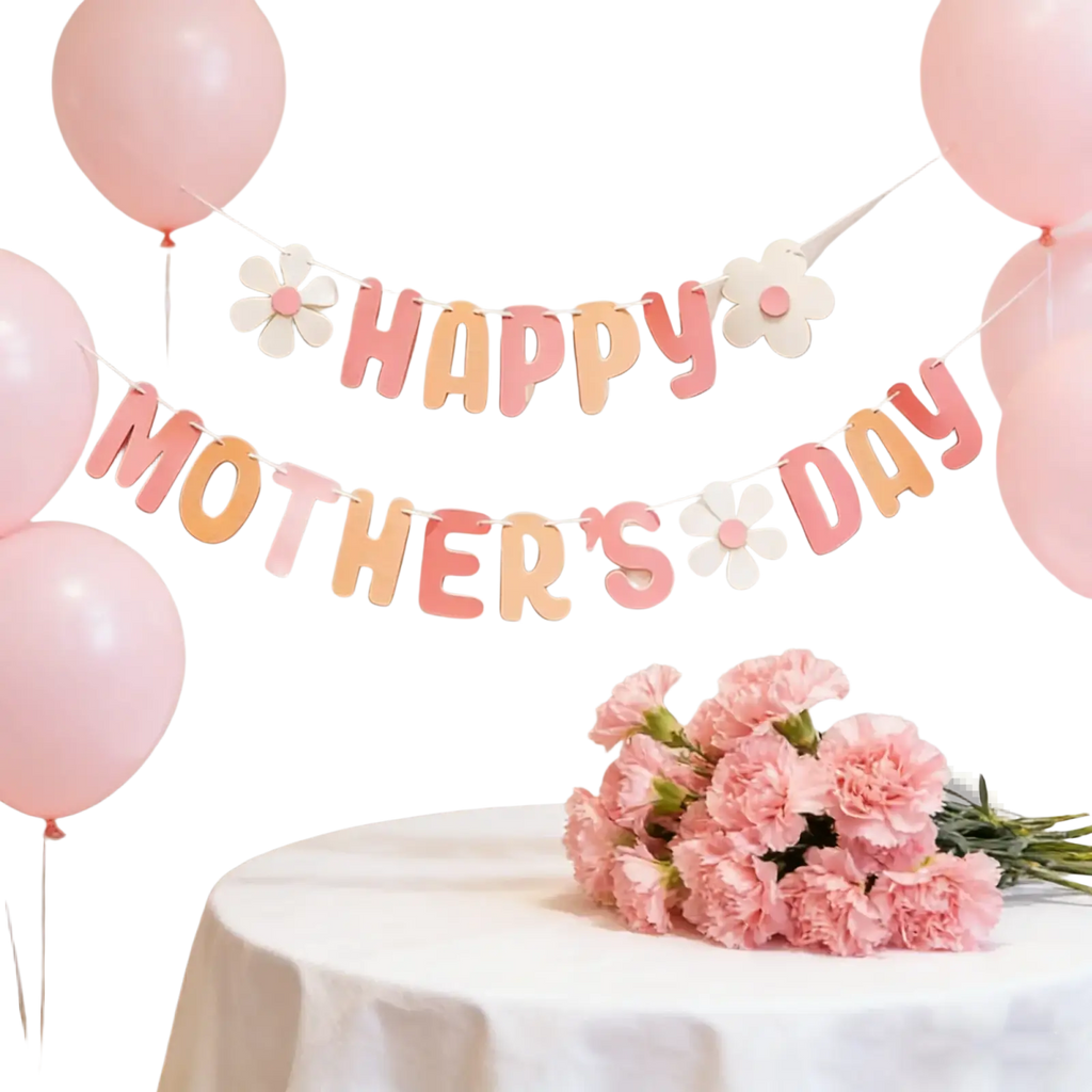 Pastel pink and peach paper banner with white daisy accents spelling happy mothers day for wall decor